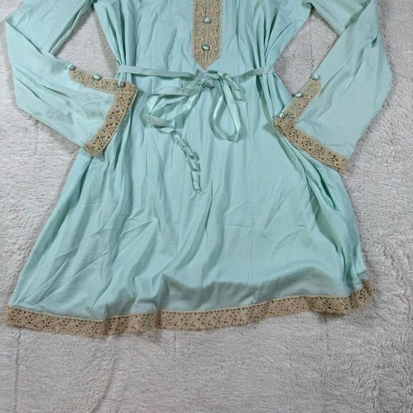 Vintage 70s Turquoise Lace High Neck Women’s Button Up Mini Dress - Picture 2 of 7